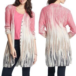 NIC+ZOE Painted Twirl Linen Blend long Cardigan button front boho art to wear L
